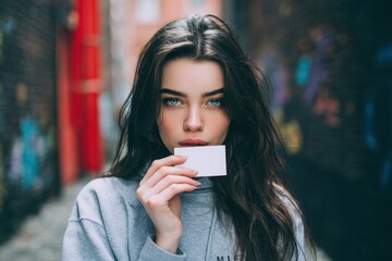 young woman holding card for message
