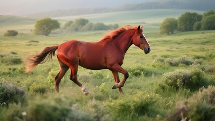 Fototapeta premium Chestnut stallion galloping freely across a lush green meadow on a tranquil morning landscape with