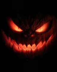 Fototapeta premium A spooky jack-o'-lantern glows with an eerie light. The glowing eyes and a toothy grin create a Halloween atmosphere, perfect for conveying horror and mystery
