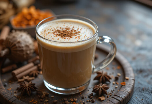 Chai tea latte with autumn spices in a rustic setting.