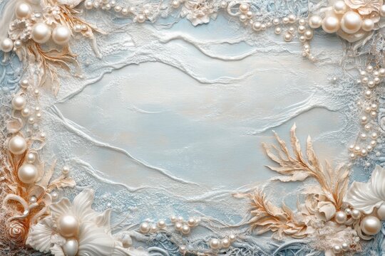 Elegant frame with pearls and shells on a blue textured background