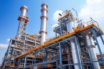 Industrial plant with metal structures, pipes, and tall stacks against a clear sky