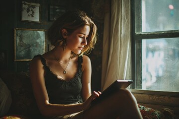 Obraz premium Young woman with a tablet at her residence