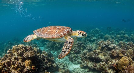 Obraz premium Sea Turtle Swimming Over Coral Reef Underwater Scene in Clear Blue Ocean