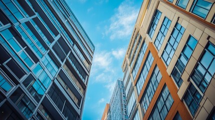Fototapeta premium Modern apartment buildings rise against a clear blue sky