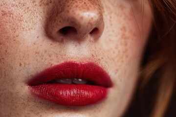 Naklejka premium Zoomed in view of a woman s face featuring vivid red lipstick