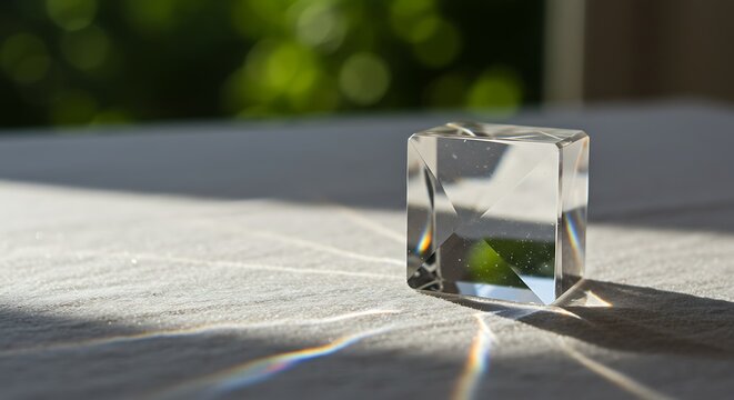 A clear glass cube under bright sunlight, refracting light to create caustic patterns and a small rainbow on a textured white surface.