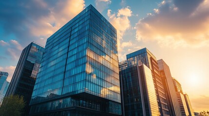 Fototapeta premium Modern glass skyscrapers at sunset