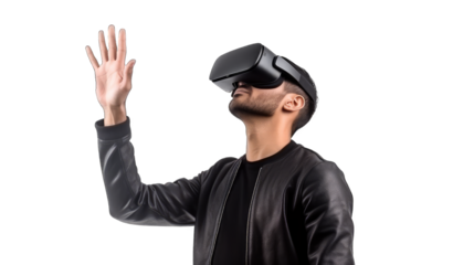 A man wearing a leather jacket and virtual reality headset, reaching out with his right hand, against a transparent background