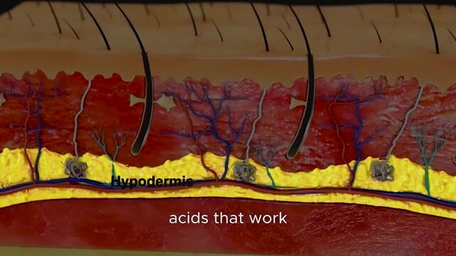 Animated skin anatomy video showcasing collagen stimulation in the dermis for medical education