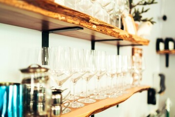 Row of Wine Glasses on Live‑Edge Shelf