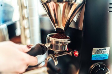 Espresso Grinder Side View with Warning Label