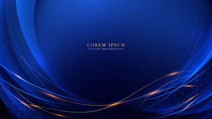 Elegant abstract blue background with golden curves, flowing waves, glitter, and light trails effect
