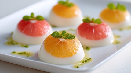Delicate, halved citrus desserts, nestled in a creamy, white dome