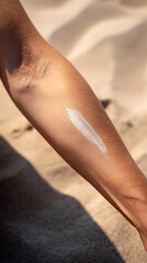 Fototapeta premium A close-up view of sunscreen lotion spread on a women's arm on a sandy beach under sunny weather, emphasizing skincare and protection from UV rays.