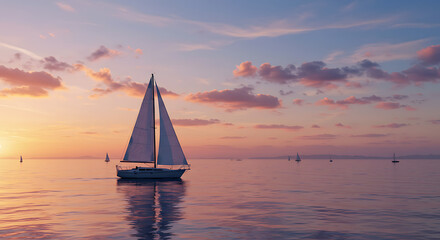 Sunset over tranquil waters with sailboats and colorful clouds