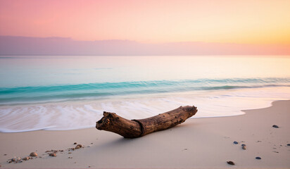 A driftwood on the beach at sunset.