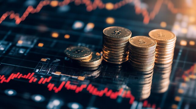 Stacks of gold coins on a financial chart (2)