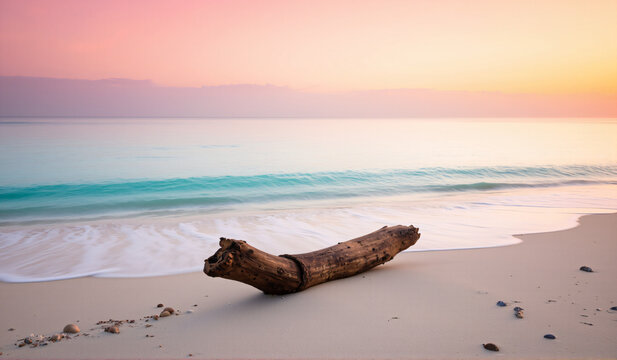 A driftwood on the beach at sunset.