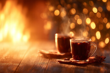 Obraz premium Steaming mugs of mulled wine on wooden table create warm, cozy atmosphere