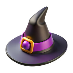 3d witch hat with purple ribbon isolated on transparent background