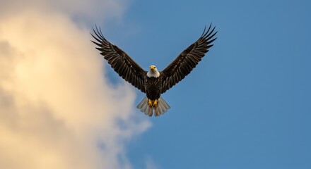 Fototapeta premium Bald Eagle Soaring in Blue Sky with Cloud Background