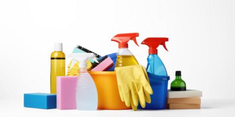 A variety of cleaning supplies and tools on a white surface.