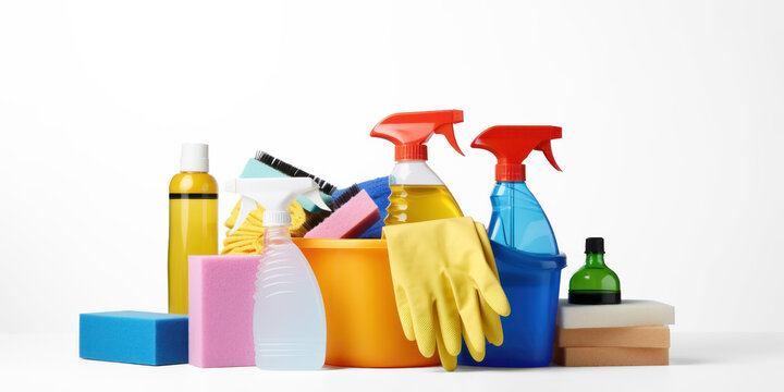 A variety of cleaning supplies and tools on a white surface.