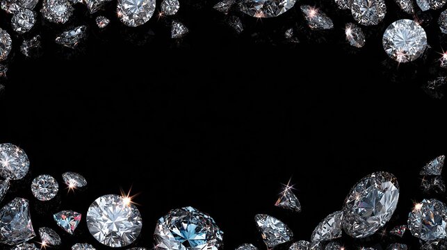 Sparkling, scattered gemstones adorn a black background, creating a shimmering frame with empty center - Powered by Adobe