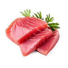 Three slices of fresh tuna on a white background with parsley leaves.