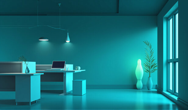 A room with a desk and a plant in it.