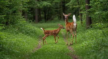 Mother and Fawn Deer Standing on Forest Path in Lush Green Woods