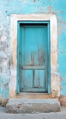 Aged teal door on a weathered turquoise wall
