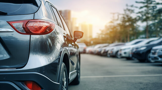 Parking area. Car parked in outdoor parking. Used cars for sale and rent. Car insurance.