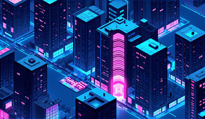 A futuristic city at night with neon lights.