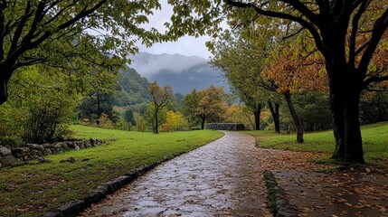 Obraz premium Autumnal path through parkland, leading to misty mountains