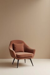 Single, terracotta-colored armchair in a neutral room.