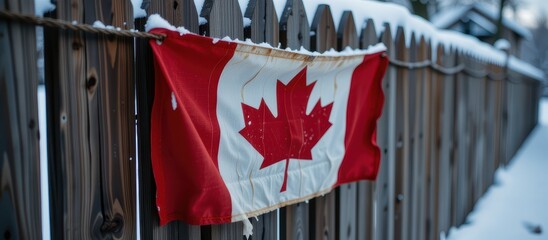 Tattered Canadian flag hangs on a snowy wooden fence in winter.