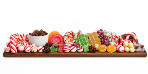 A festive holiday candy tray with a variety of colorful candies, including peppermint sticks, gingerbread cookies, and other festive treats.