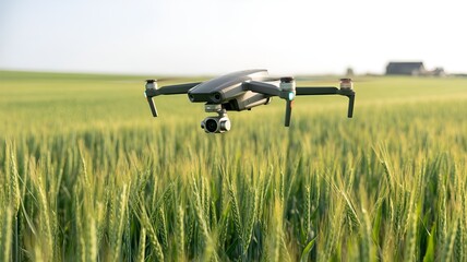 A drone is surveying the field, capturing the expanse of the agricultural land.