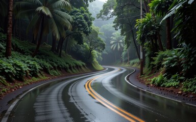Obraz premium Winding road through lush greenery after rain, creating a serene atmosphere.