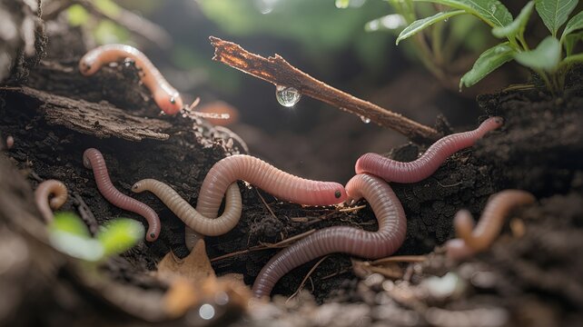 Macro shot of worms in the dirt.