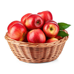 A basket of red apples with green leaves on a transparent background
