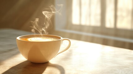 Fototapeta premium Morning coffee, warm sunlight, window view, quiet moment, indoor