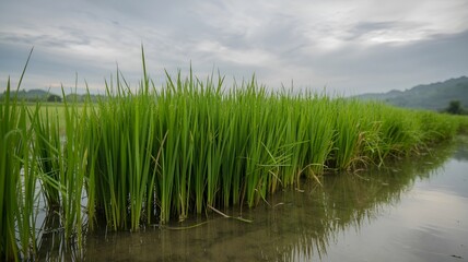 Obraz premium Rice Paddy Field by the Water's Edge Under a Cloudy Sky.