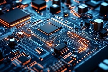 Close-up circuit board, intricate pathways, glowing components