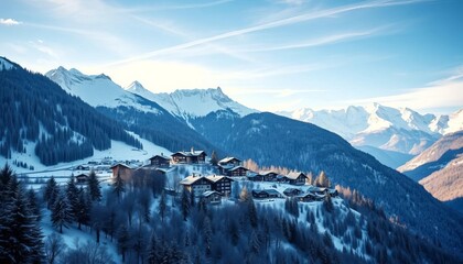 Abstract angular shapes depict snowy Swiss village nestled in alpine mountains,   digital art,  swiss alps