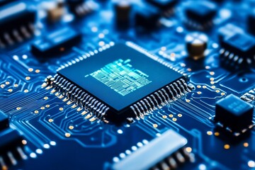 Fototapeta premium Close-up of a circuit board with a central processor chip