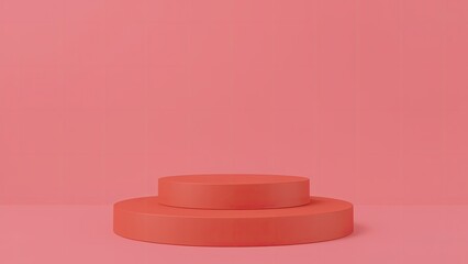 Two stacked, circular, coral-colored podiums against a solid pink background.