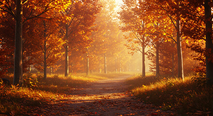 Fototapeta premium Tranquil autumn forest pathway bathed in warm golden sunlight